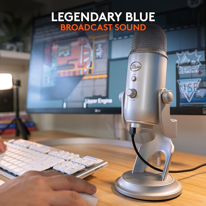 Blue Microphones Yeti Silver USB Mic for Recording, Streaming & Gaming on PC and Mac with Blue Voce Effects 4 Pickup Patterns, Headphone Output, Volume Control, Mic Gain Control, & Adjustable Stand