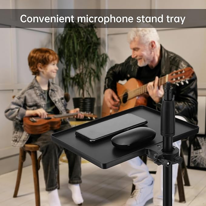 RTNLIT Microphone Music Stand Tray, Adjustable Clamp On Rack Tray Holder with 6.6 Pound Weight Capacity, Universal Mic Stand Tray for Music Sheet, Singing, Stage, Audio Recording (8.7" x 6.5")