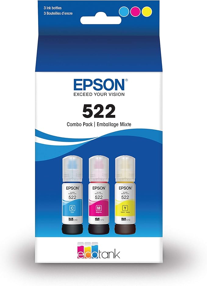 Epson EcoTank Pro ET-5850 Wireless Color All-in-One Supertank Printer, White & T522 EcoTank Ink Ultra-high Capacity Bottle Color Combo Pack (T522520-S)