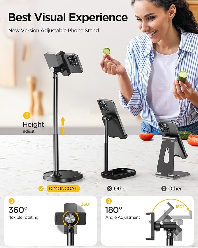 DIMONCOAT Phone Stand for Desk, Angle Height Adjustable Phone Holder for Desk, Aluminum Alloy Universal iPhone Holder, Retractable Cell Phone Stand Recording Office for iPhone 16 15 Pro Max Plus