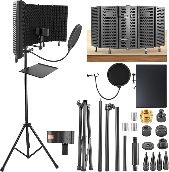 Studio Microphone Stand with Isolation Shield & Pop Filter,5-Sided Tri-Layer microphone isolation shield,Studio Boom Arm Tripod for Crystal Clear Recording,Podcasting,Streaming,Home Studio Equipment