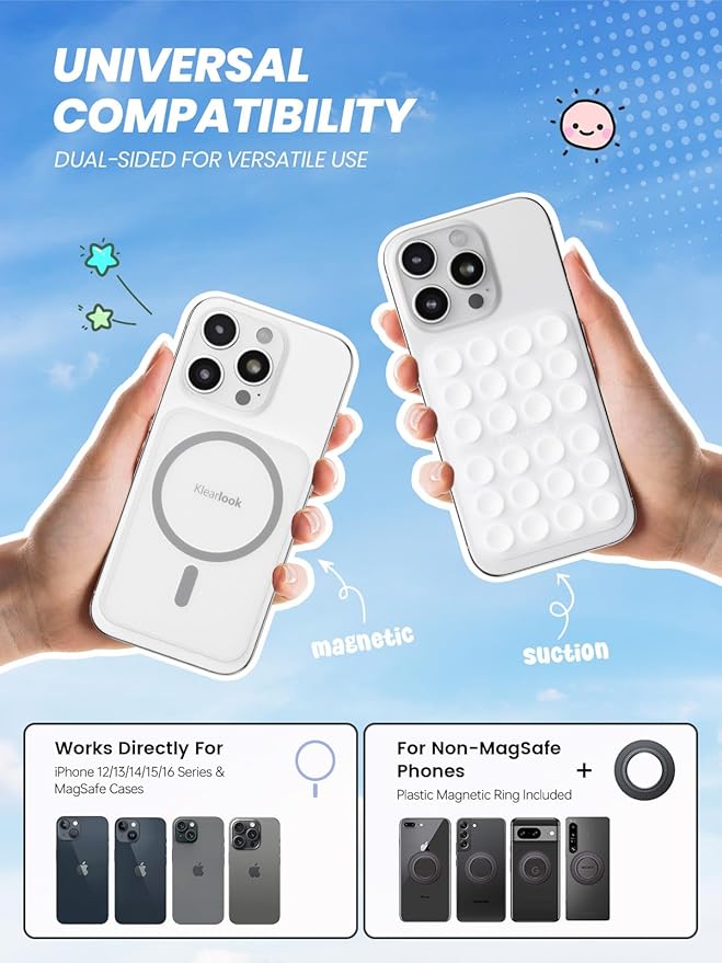 Klearlook Magnetic Suction Phone Mount for MagSafe Case, Removable Sticky Phone Grip Holder for Hands-Free Makeup/Selfie/Live Streaming/Vlog for TikTok & Instagram Influencer/Creator, Classic White