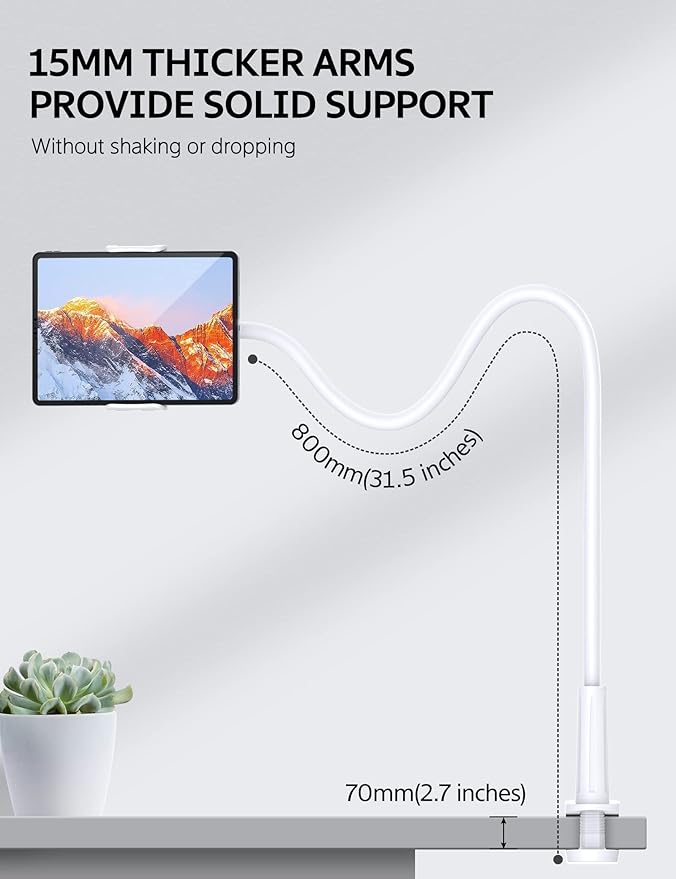 SHAWE Gooseneck Tablet Holder Phone Stand, Flexible Tablet Mount for Bed, 360 Adjustable Lazy Arm Holder Clamp Mount for iPad Air Pro Mini, Samsung Galaxy Tabs, iPhone, Switch, 4.0~10.5" (White)