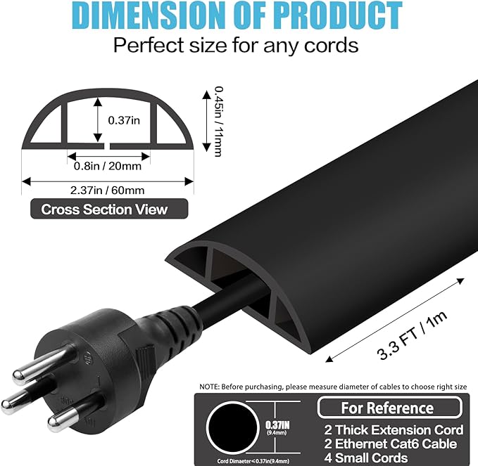 Floor Cord Cover Cavity 0.8"x0.37" Self Adhesive Cord Hider, 3.3FT Low Profile Cable Management, Extension Strip Protector for Wires, Prevent Cable Trips for Offices, Gyms, Exhibitions (Black)