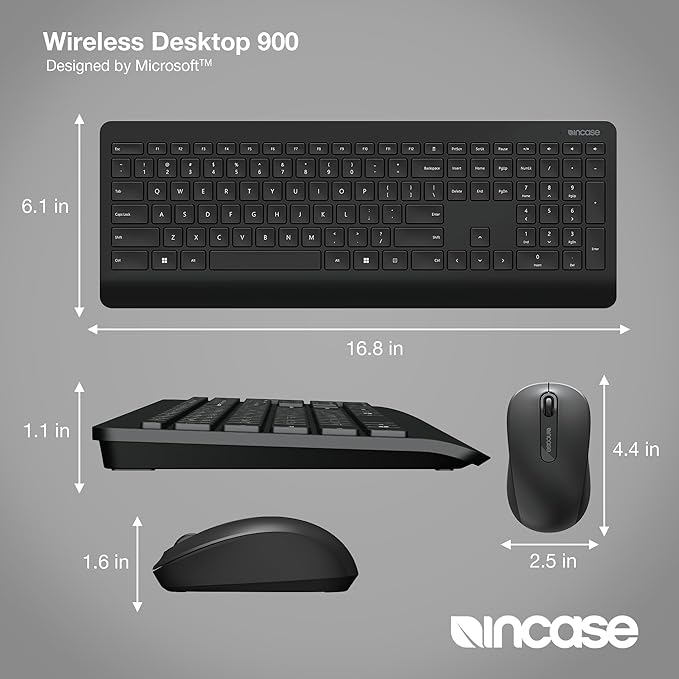Incase Wireless Desktop 900 Keyboard and Mouse Combo - Designed by Microsoft – Quiet Touch Keys, Ambidextrous Design, Customizable Hotkeys, Two Year Battery Life – Black