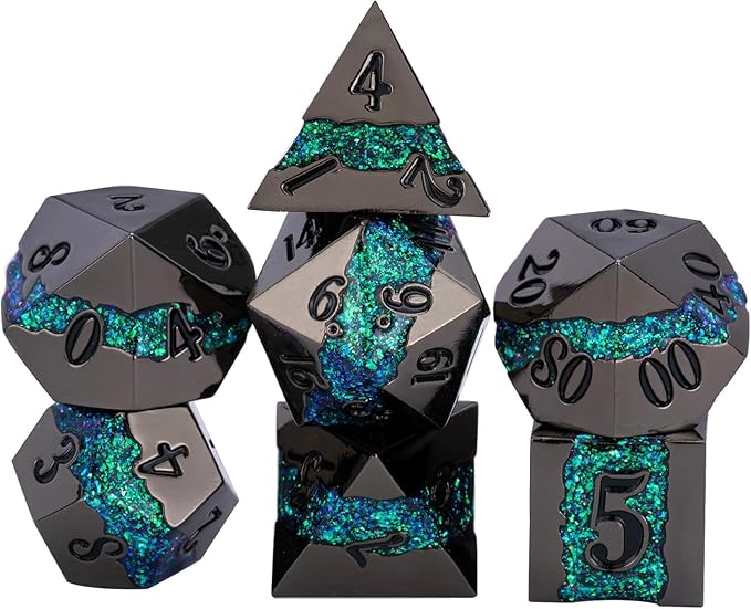 Metal RPG Dice Set,DND Polyhedral Dice Set 7pcs,Metallic Glitter Large Stripe Dice Set for Dungeons and Dragons Role Playing Games(Black Nickel Dark Green)