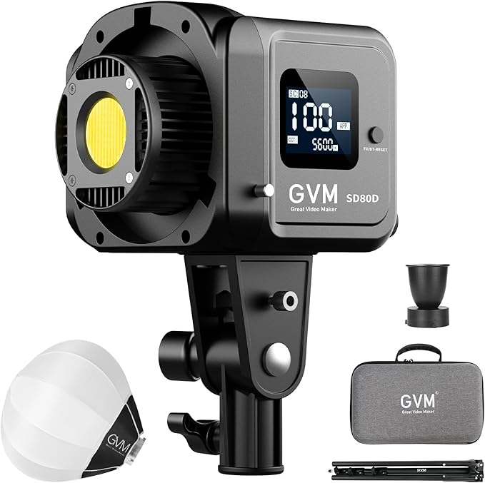 GVM 80W LED Video Light with Lantern Softbox and Tripod Stand Kit, Bi-Color 2700K-7500K 12 Scenes CRI97+ Bowens Mount Studio Light, APP Control COB Continuous Output Lighting for Video Recording