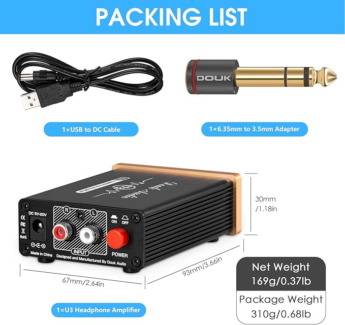 Douk Audio U3 Headphone Amps, Mini Hi-Fi Amplifier for Home Desktop PC 6.35mm / 3.5mm Headsets, Class A, RCA Input, DC 5V