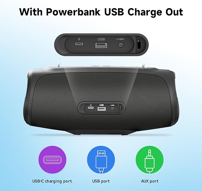 Portable Loud Bluetooth Speaker, 60W Large Subwoofer Wireless Bluetooth 5.3 with Powerbank USB Charge Out,Waterproof IPX7,Rugged Outdoor Boombox for Party,Beach,Golf Life,Pool, Shower,Bike Use