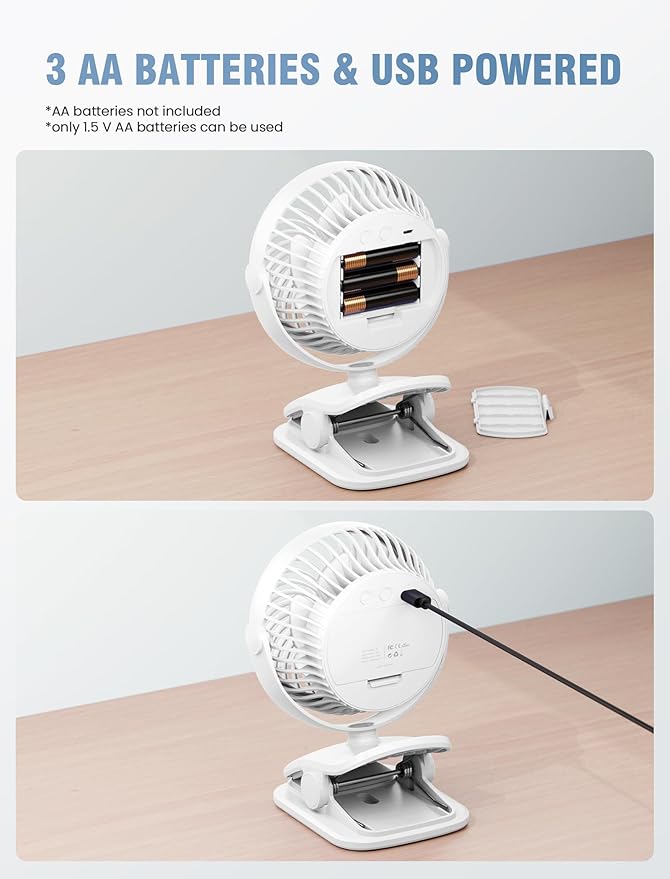 Shinebella AA Battery Powered Clip on Fan with 4-Speed, 5’’ Small Desk Fan with Aroma Function, USB Powered, 360°Rotation, Ultra Quiet, for Golf Cart, Stroller, Bedroom,Car(Batteries Not Included)