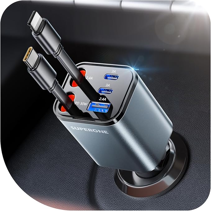【2025 Ultra-Compact】 SUPERONE Retractable Car Charger, 5 in 1 Car Phone Charger with 84W Fast Charging Cables, Car Accessories Adapter for iPhone 16/15/14/13/12/11, Galaxy, Pixel