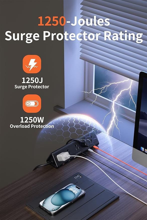 6.5 FT Desk Clamp Power Strip with 5 AC Outlets & 6 USB Ports PD 40W USB-C Fast Charging, 1250J Surge Protector, Fits 2.6 in top Edge Black