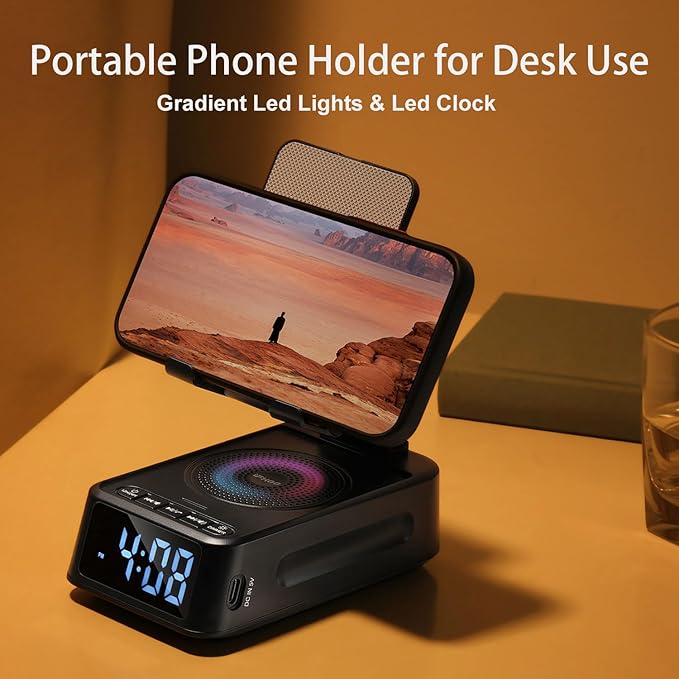 Gifts for Men Women, Phone Stand with Bluetooth Speaker&Clock, Birthday Gifts for Him, Phone Holder with Wireless Speaker, Ideal for Dad Mom Husband Boy, Cool Tech Gadget for Men