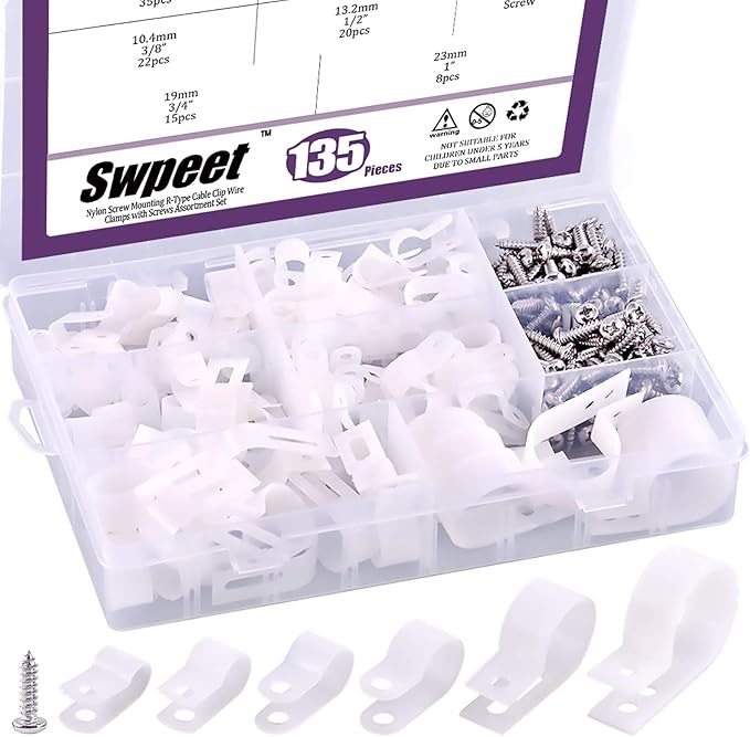 Swpeet 135 Pack 6 Sizes White Nylon Plastic R-Type Cable Clips Clamp Assortment Kit, 1/4" 5/16" 3/8" 1/2" 3/4" 1" Nylon Screw Mounting Cord Fastener Clips with 135 Pack Screws for Wire Management
