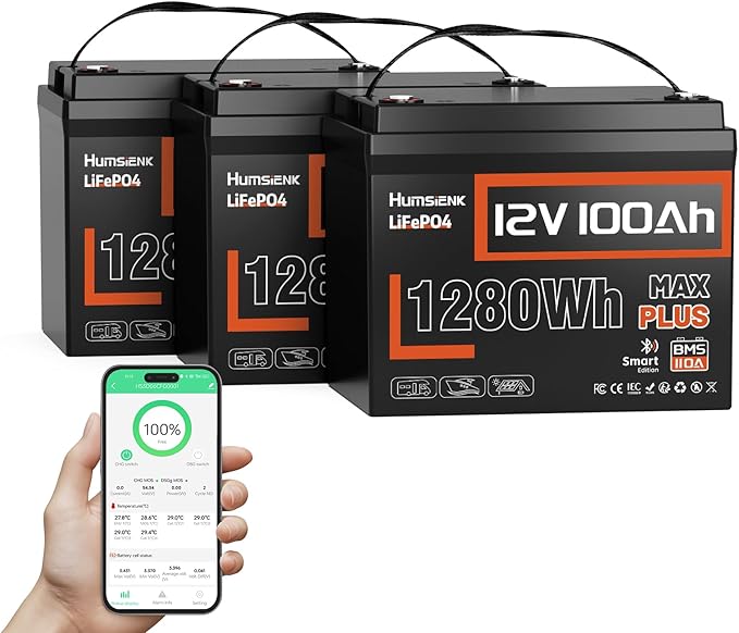 3PACK 12V 100Ah LiFePO4 Lithium Battery MAX Bluetooth 5.0 IP67, 15000+ Deep Cycles Lithium Battery, Built-in 110A BMS for RVs Marine Trolling Motors