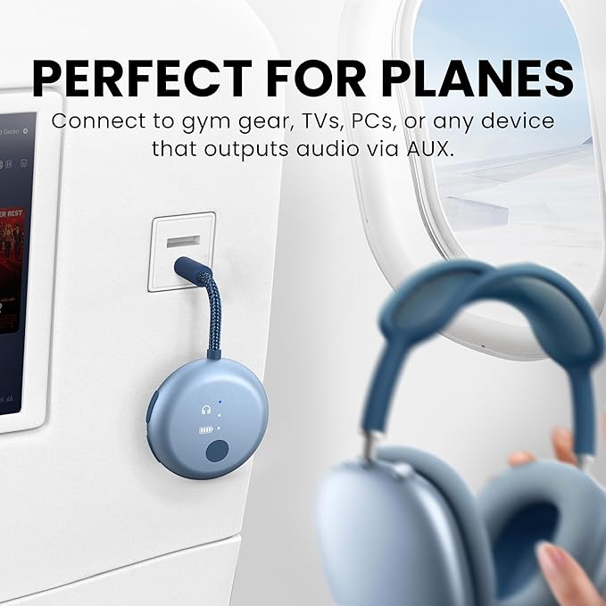 Avantree SoundJet R1 – Airplane Bluetooth Adapter for Headphones & AirPods, aptX Adaptive, Qualcomm Chipset, 20H Battery, Wireless Audio Transmitter for in-Flight Travel Essentials - Sky Blue