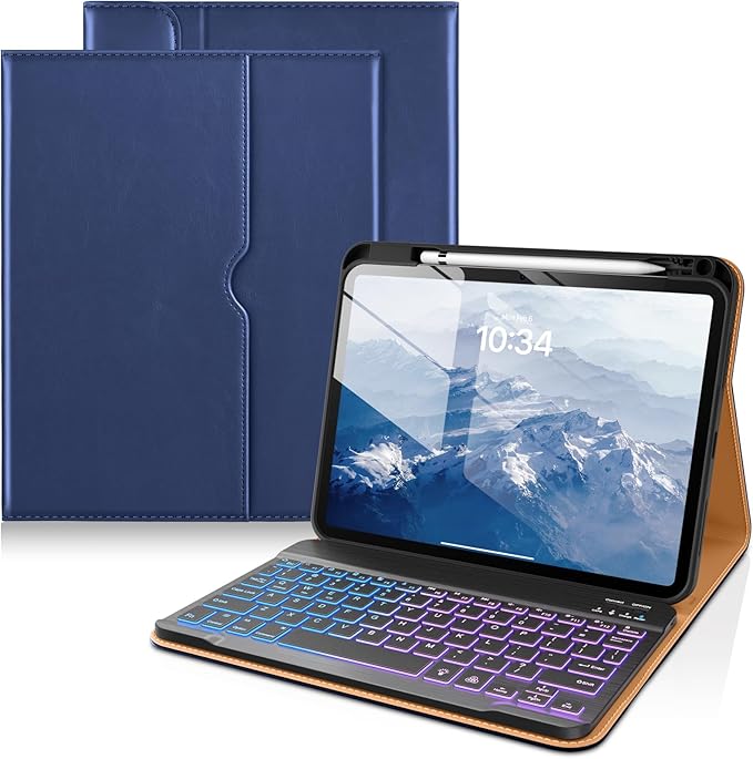 DTTO for iPad 11th (A16,2025)/ 10th Generation (10.9",2022) Case with Keyboard, 7 Colors Backlit Wireless Detachable Keyboard Premium Leather Folio Cover with Pencil Holder & Pocket, Navy Blue