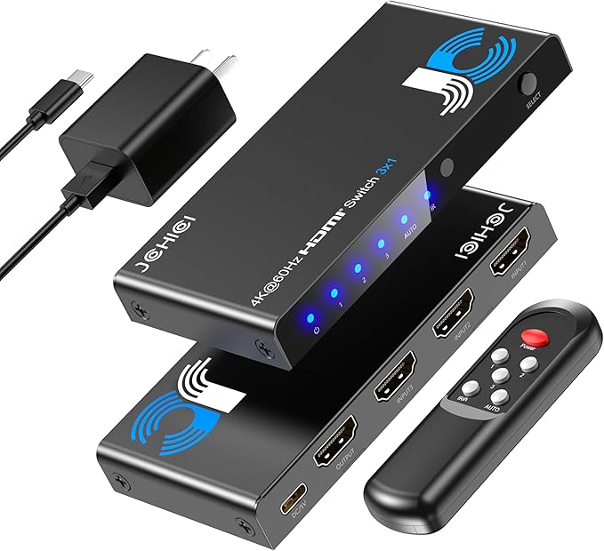 HDMI Switch 3 in 1 Out, 4K@60Hz Switcher, Auto-Switching HDMI 2.0 Switcher with Remote, HDCP 2.2/HD R/3D, Works with PS5/PS4/Switch/Xbox/PC