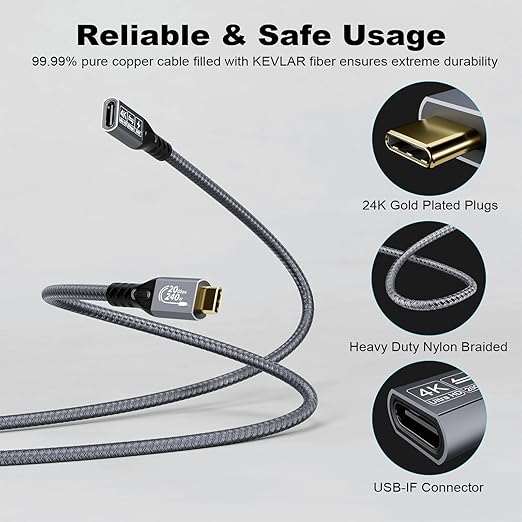 Type C Cable 6.6ft 2m, 240W 48V/5A USBC to USB C 3.2 Gen2×2 Extension Cable, 20Gps Male Female Extender Cable, 4K@60Hz Dual C Video Cord for MacBook Pro, Dell, Arzopa, Galaxy, Portable Monitor
