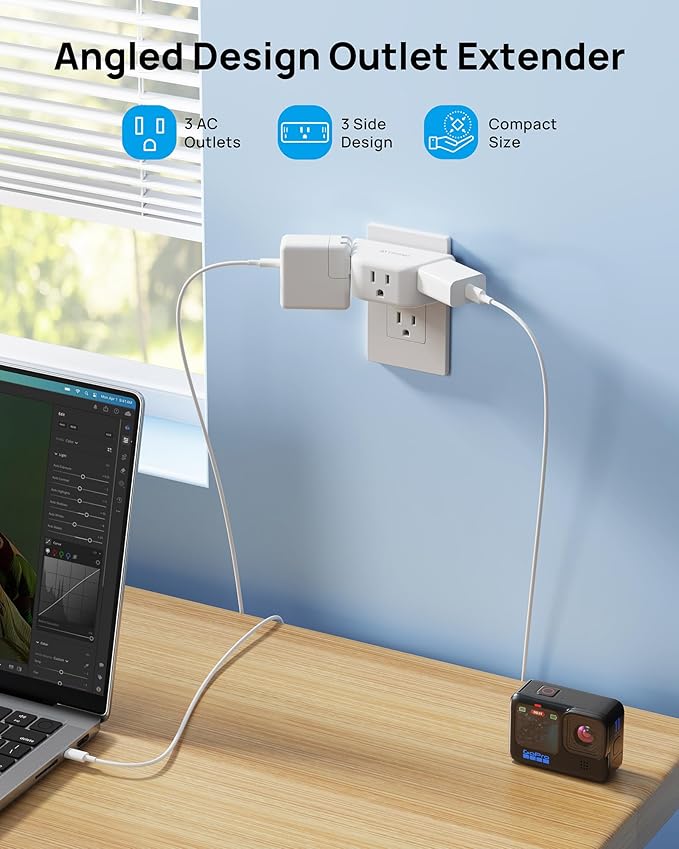 TROND Outlet Extender, 3-Prong Grounded Wall Plug Splitter, 3 Way Angled Outlet Adapter, Cruise Ship Essentials, Plug Expander with 3 Electrical Sockets for Bathroom, Kitchen, White