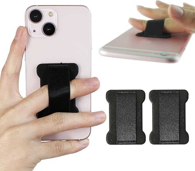 WOJI Cell Phone Finger Grip Strap Holder for Hand, Phone Strap, Phone Holder for Hand - Small, New Slim Finger Loop Selfie Grip Compatible with Most Smartphones (Black) - 2Pack