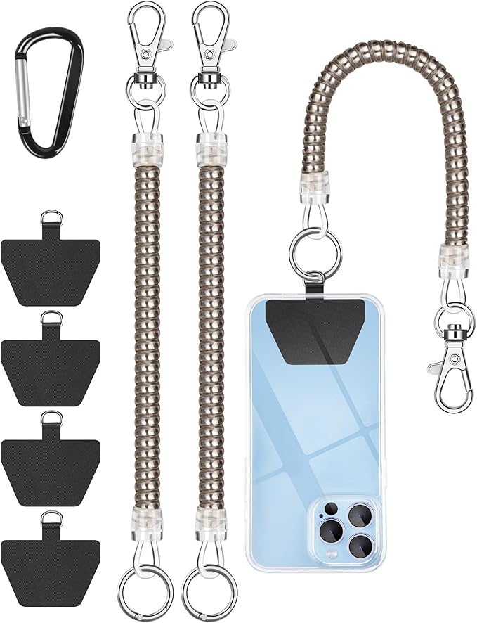Phone Tether Lanyard, SHANSHUI Strong Spring Rope Climbing Hook, 4x Phone Tether Tabs Free Your Hand Anti Theft Phone Strap for All Smartphones for Outdoor Cycling Climbing Skiing Hiking - 2PCS Sliver