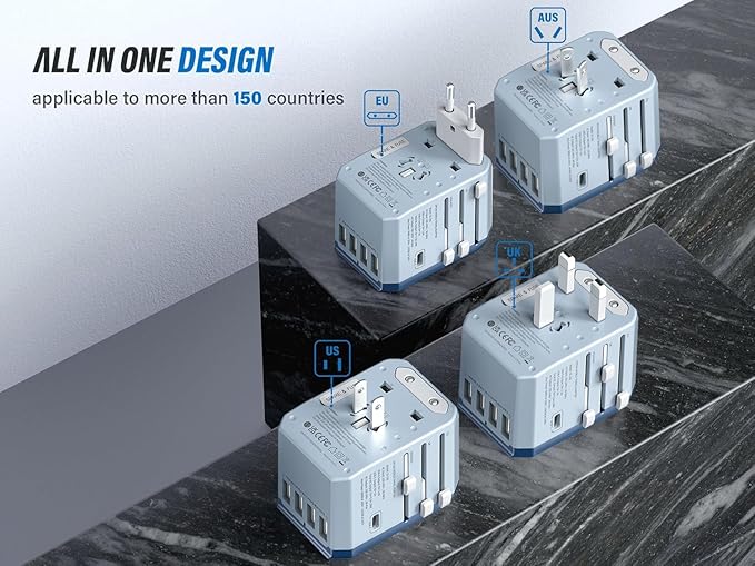 EPICKA European Travel Plug Adapter, Universal Travel Adapter - International Power Adapter Worldwide Charger with USB-C & 4 USB-A Ports, Travel Essentials for Italy, Japan, Europe, UK (TA-105, Blue)
