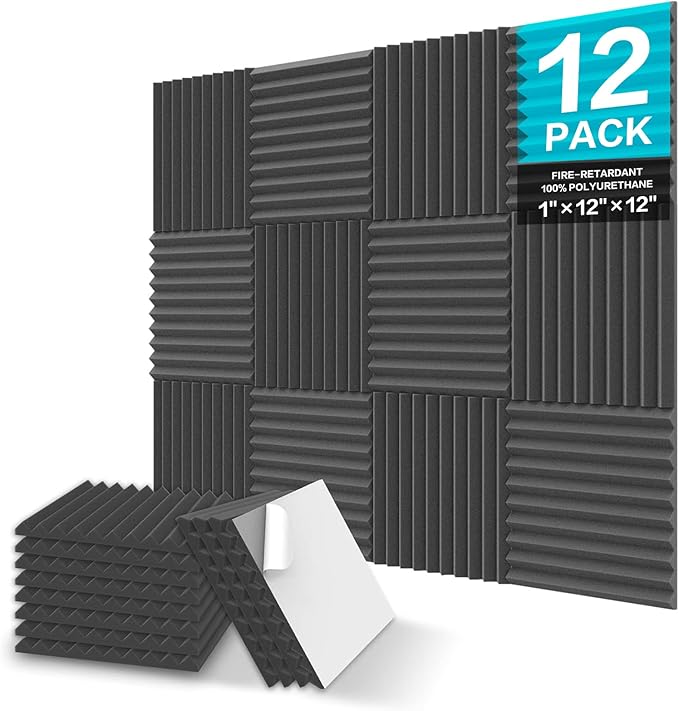 JBER 12 Pack Sound Proof Foam Panels, 1" X 12" X 12" Self-Adhesive Acoustic Foam Panels, Acoustic Panels Wedges High Density, Soundproof Wall Panels for Treatment Home Studio - Black