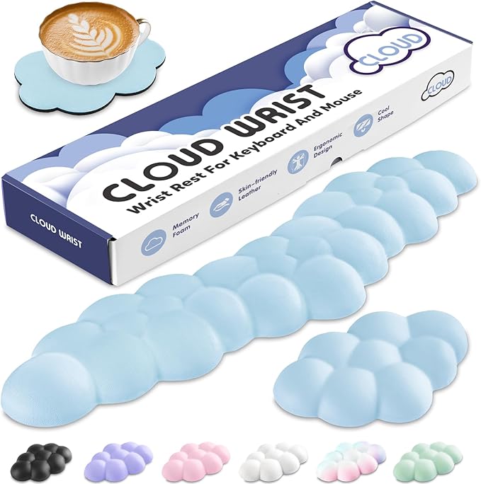Cloud Wrist Rest for Keyboard and Mouse, Memory Foam PU Leather Keyboard Wrist Rest with Ergonomic Support, Non-Slip Base, Cute Arm Rest Pad & Palm Cushion, Office Desk Accessory, Blue