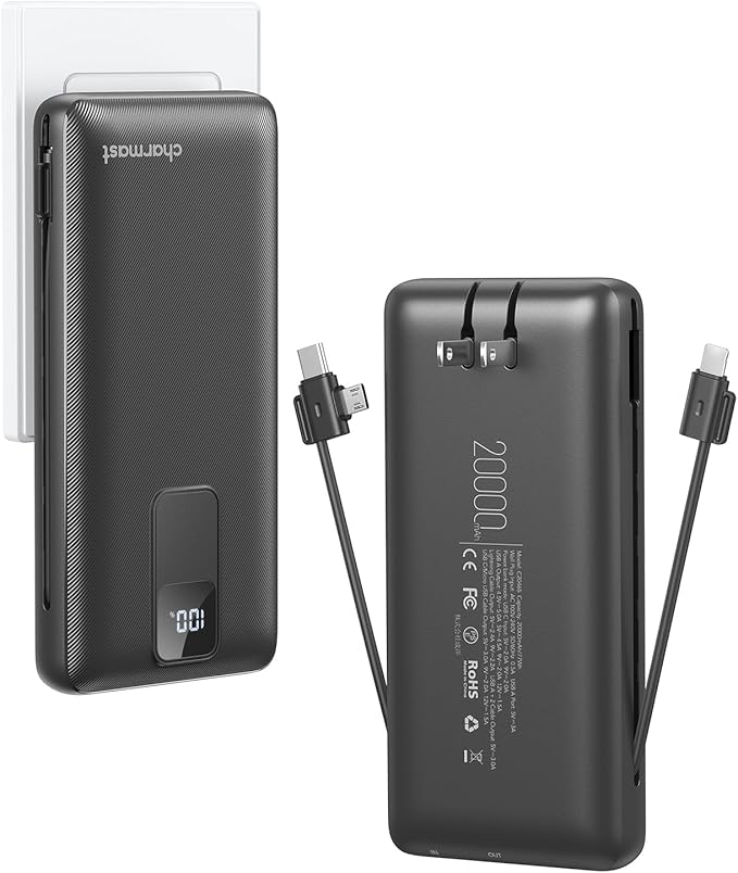 Charmast Portable Charger with Built-in Cables and Wall Plug, 20000mAh 20W USB C Power Bank Fast Charging Battery Pack Travel Essentials Compatible with iPhone 16/15/14/13 Series, Samsung Google iPad