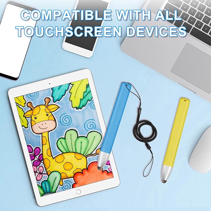 2pcs Kid-Friendly Stylus Pens for Touch Screens, Tablet Stylus Pen with Spring Cord Universal Touch Screen Capacitive Crayon Stylus Blue Yellow