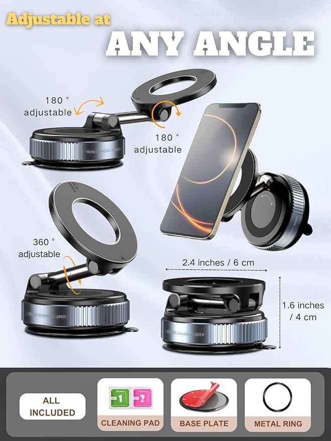 Car Phone Holder for Magsafe, 360° Adjustable Vacuum Magnetic Phone Mount with 3000gf Magnetic Grip & 40LBS Suction Cup, Shockproof Design for All Smartphones