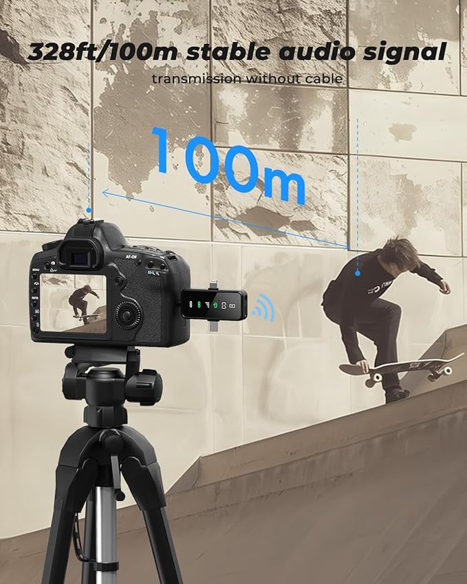 3-in-1 Mini Microphone for iPhone, Android, Camera - 328ft Long Range, 20H Battery Life, Wireless Microphones, Lapel Mic with AI Noise Reduction for Video Recording, YouTube, TikTok