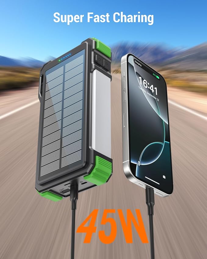 BLAVOR 45W Solar Charger Power Bank - 74000mwh Wireless Portable Charger Built-in Cables, PD QC Fast Charging Battery Pack with USB C for Cell Phones, Dual Flashlight & Carabiner for Camping, Hiking