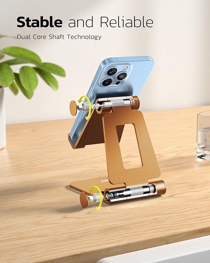 Nulaxy Dual Folding Cell Phone Stand, Fully Adjustable Foldable Desktop Phone Holder Cradle Dock Compatible with Phone 16 15 14 13 12 11 Pro Xs Xs Max Xr X 8, Nintendo Switch, All Phones - Orange