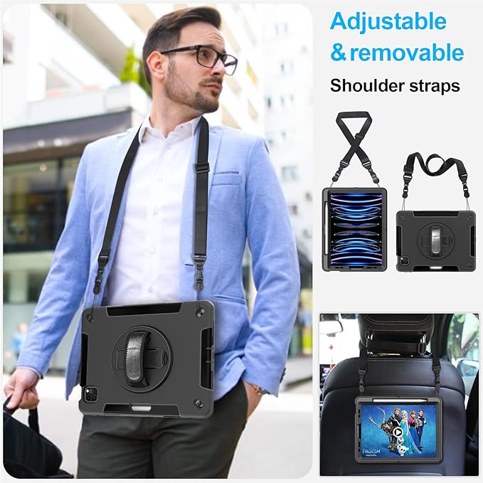 Case for iPad Pro 11 Inch 2022/2021/ 2020/2018: Cover for iPad 11 Inch 4th/ 3rd/ 2nd/ 1st Generation with Screen Protector- Stand- Handle- Shoulder Strap- Pencil Holder Black