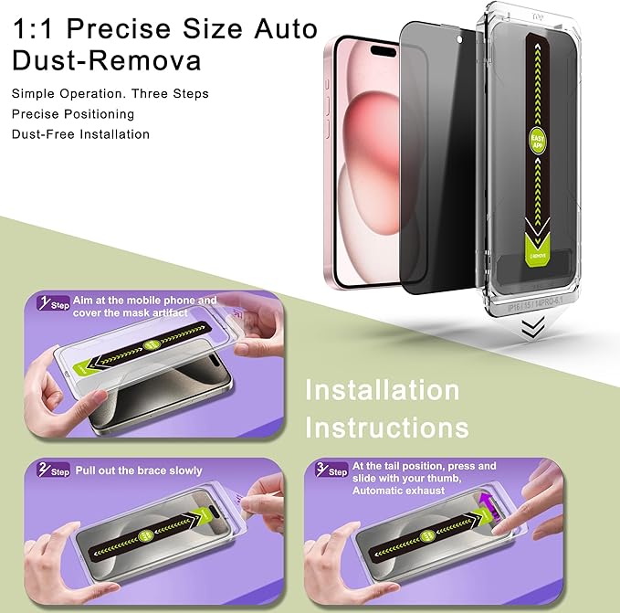(2-Pack Anti-Spy Privacy Screen Protector for iPhone 14 Pro/15/16(6.1-Inch),9H Tempered Glass,Full Coverage,Anti-Fingerprint,Auto Dust Removal,Bubble-Free,Easy Installation