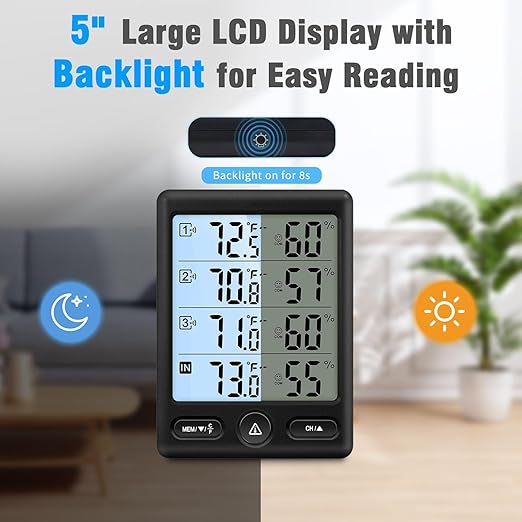 Geevon Indoor Outdoor Thermometer Wireless 3 Remote Sensors, 5-Inch Display Digital Hygrometer Thermometer Temperature Humidity Monitor with 8S Backlight, Battery-Powered (Black)