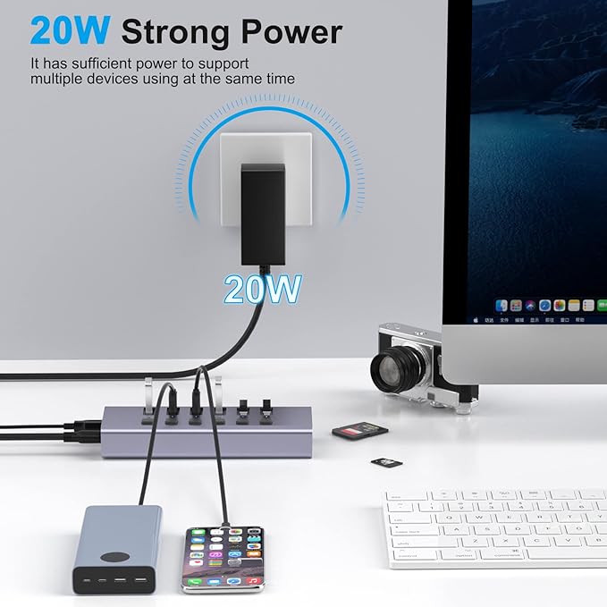 Powered USB Hub with TF/SD Card Reader, 8-Port USB 3.0 Hub with 6 USB 3.0 Data Ports, USB Spilter with Individual On/Off Switches，Aluminum USB Hub with AC Adapter for PC, Desktop, MacBook
