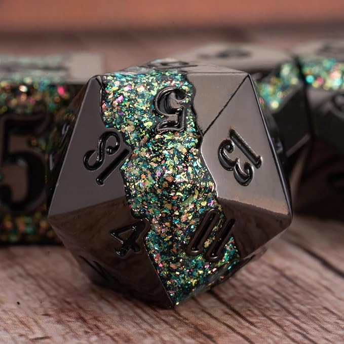 Black Glitter Metal Dice Set,Polyhedral Stripe DND Dice Set with Gift Box,RPG Solid Dungeons and Dragons Set 7pcs