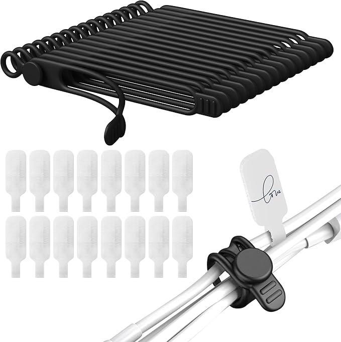 32Pcs Nearockle Cable Labels and Silicone Cable Ties Cable Management Set, Reusable 16 Cable Ties+16 Cord Labels for Electronics, Travel Home Office Desk Wire Organization (Black)