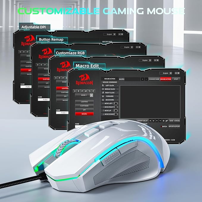 Redragon M602 Gaming Mouse, Ergonomic RGB Gaming Mouse Wired with 7200 Adjustable DPI, 9 Programmable Buttons, Professional Software for Gamer Office [White]