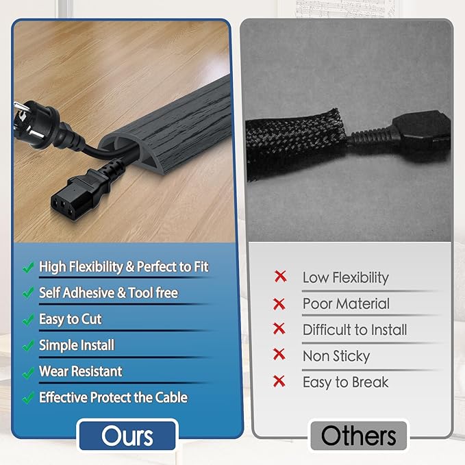 Floor Cord Cover for Wires on Floor Self Adhesive Cord Hider Floor Cable Management Wire Covers for Cords Protector Prevent Cable Trips Cord Cavity W 0.51" x H 0.31", Deep Gray Wood, 10Ft