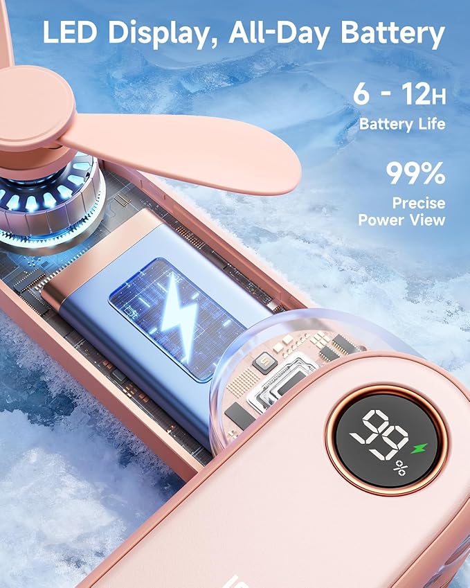 SWEETFULL Portable Handheld Mini Fan with LED Display, 3-in-1 Personal Foldable USB Rechargeable Hand Held Fan & Flashlight for Travel, Lash Eyelash, Cute Small Pocket for Women, Girls