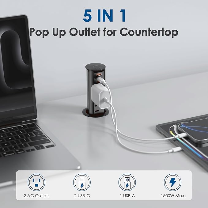 2 Inch Pop Up Outlet for Countertop,Power Grommet 2-inch Desk Wire Hole Insert,20W USB C,2 Outlets,2 USB C/1 USB A,Recessed Outlet,Desk Charging Station (Black, 6 FT Cable)