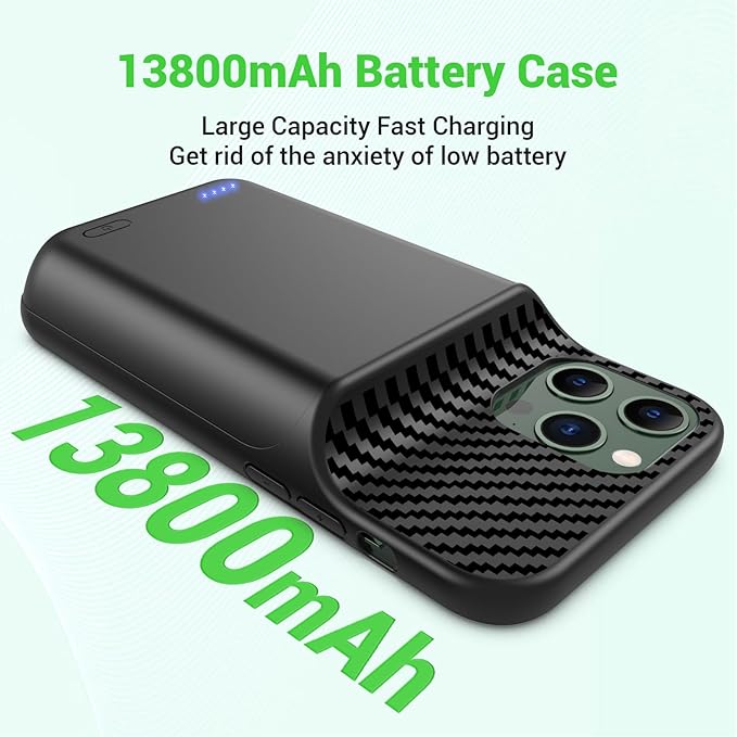 13800mAh High Capacity Battery Case for iPhone 14, for iPhone 13, 13 Pro (6.1 inch), 2025 Upgraded Battery Pack Rechargeable Charger External Charging Case w/Tempered Glass Screen Protector Black
