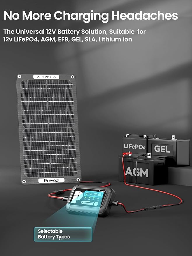 POWOXI 15W Solar Battery Charger: 12V Solar Car Battery Trickle Maintainer - with MPPT Controller Parameter Adjustable - for RV Boat Marine Motorcycle Trailer Truck Tractor - Solar Panel Kit