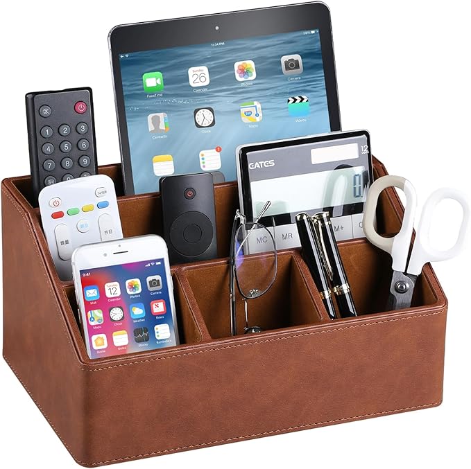 PU Leather Desk Organizer, Luxury Remote Control Holder for Home, Office Desk Accessories Table Caddy Bedside Nightstand Organizer (Brown)