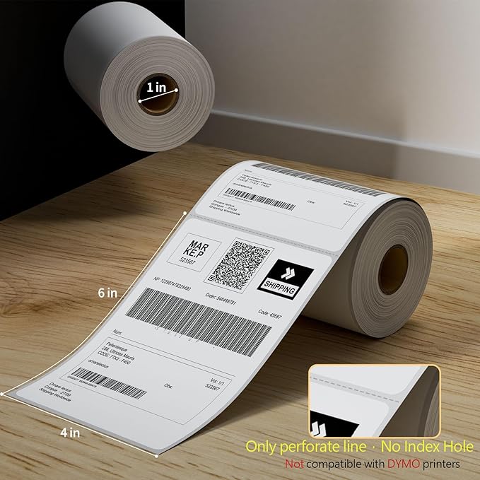 6 Rolls 4" x 6" Direct Thermal Printer Label, 250 Labels/Roll, Total 1500 Thermal Shipping Labels, Strong Adhesive, Commercial Grade, Perforated, Compatible with Most Thermal Printers (NOT for DYMO)