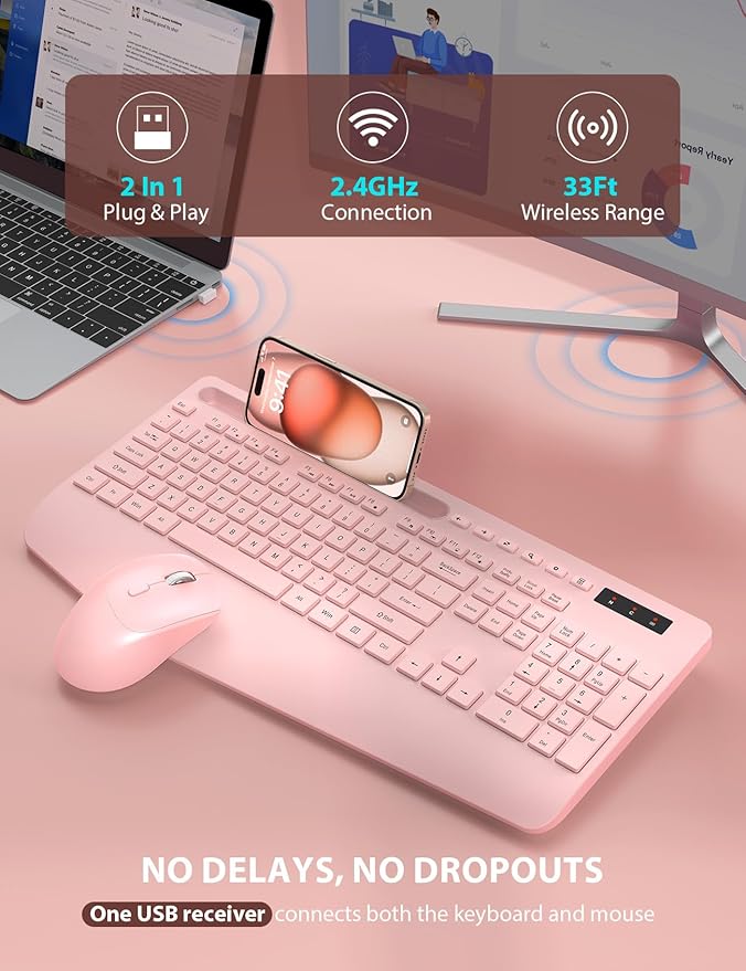 Wireless Keyboard and Mouse Combo - Full-Sized Ergonomic Keyboard with Wrist Rest, Phone Holder, Sleep Mode, Silent 2.4GHz Cordless Keyboard Mouse Combo for Computer, PC, Laptop, Mac, Windows -Trueque